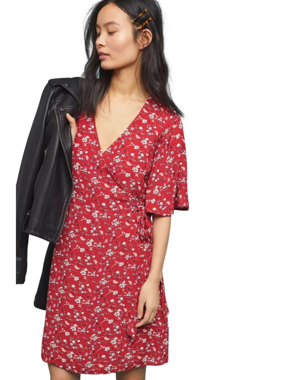 Sanctuary Floral Paradise Dress Small Wrap Side Tie Short Sleeve Red Multi NEW